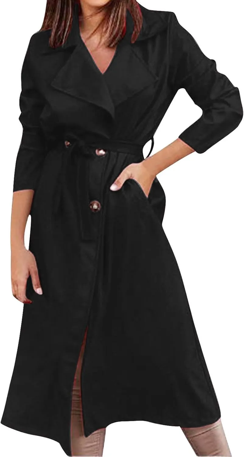 Sinzelimin Women's Mid-Length Trench Coat Fashion Solid Color Button up Notch Lapel Long Sleeve Suit Jacket Dress Windbreaker