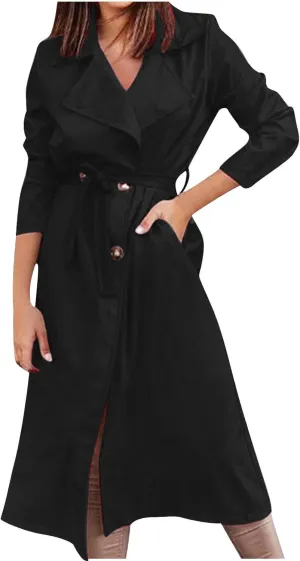 Sinzelimin Women's Mid-Length Trench Coat Fashion Solid Color Button up Notch Lapel Long Sleeve Suit Jacket Dress Windbreaker