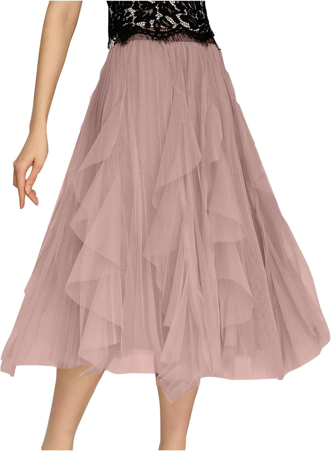 Skirts for Women High Waist Floral Mesh Midi Skirts Fairy Elastic Waist Layered Tulle Skirt Bohemia A-line Skirt