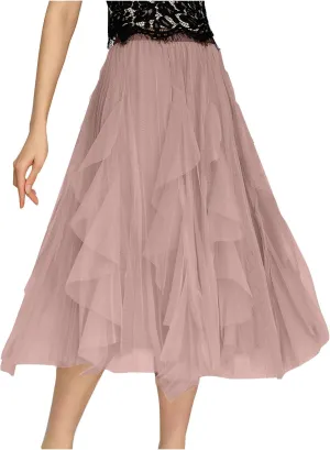 Skirts for Women High Waist Floral Mesh Midi Skirts Fairy Elastic Waist Layered Tulle Skirt Bohemia A-line Skirt