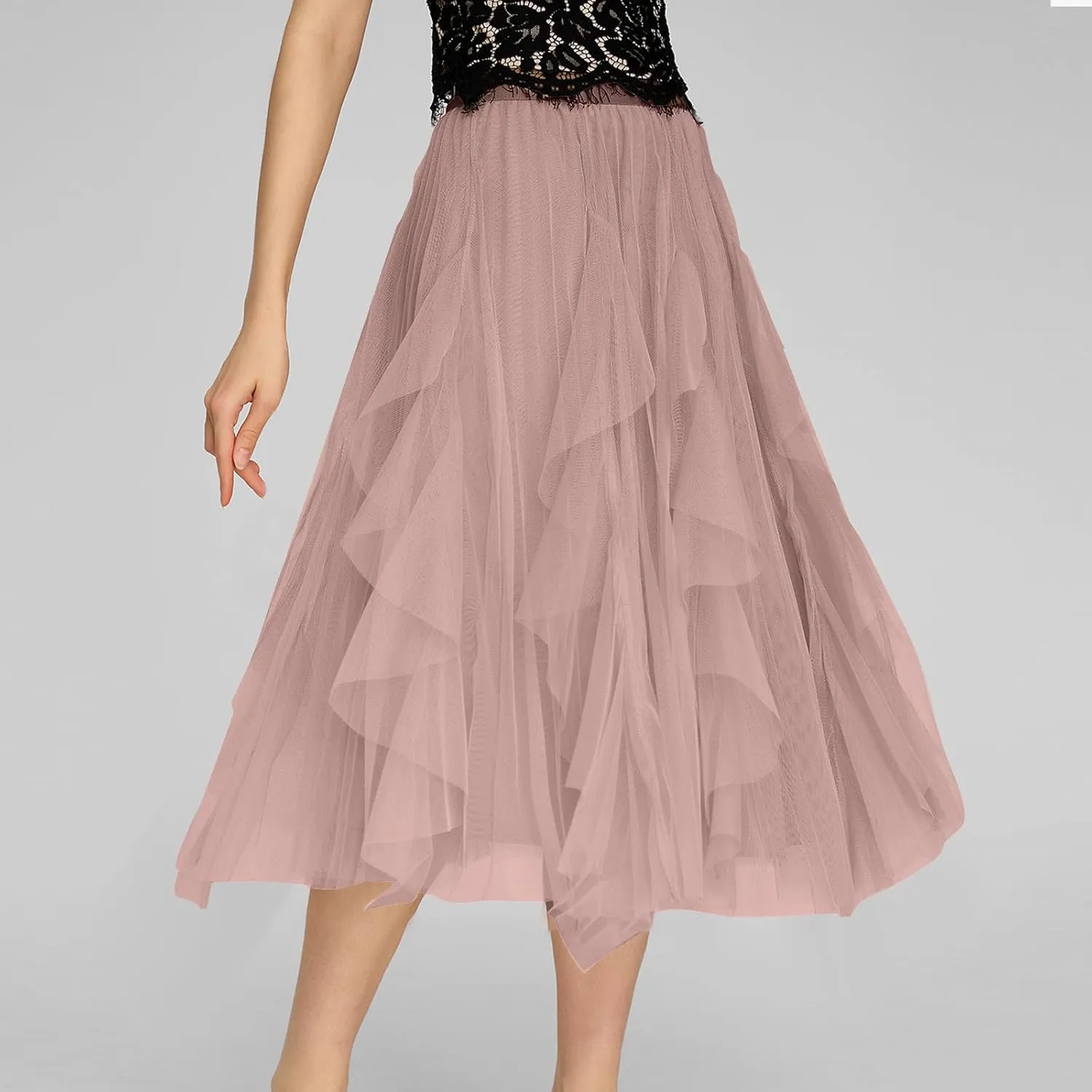 Skirts for Women High Waist Floral Mesh Midi Skirts Fairy Elastic Waist Layered Tulle Skirt Bohemia A-line Skirt