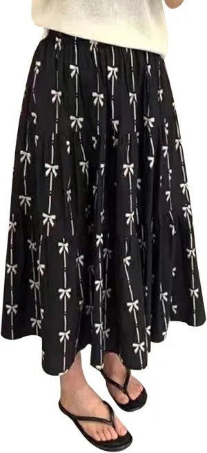 Skirts for Women Trendy Boha Beach Summer Casual Bohemian Floral Print Pleated A-Line Maxi Skirts Long Streetwear