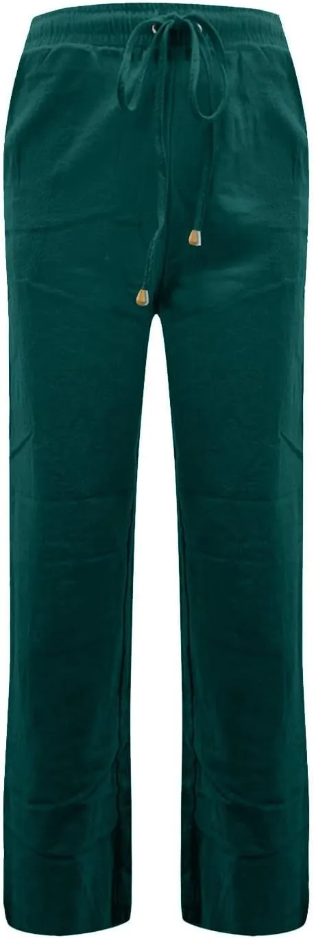 Straight Leg Pants Women Business Casual Linen Drawstring High Waisted Pull On Dress Pants with Pockets Dress Slacks