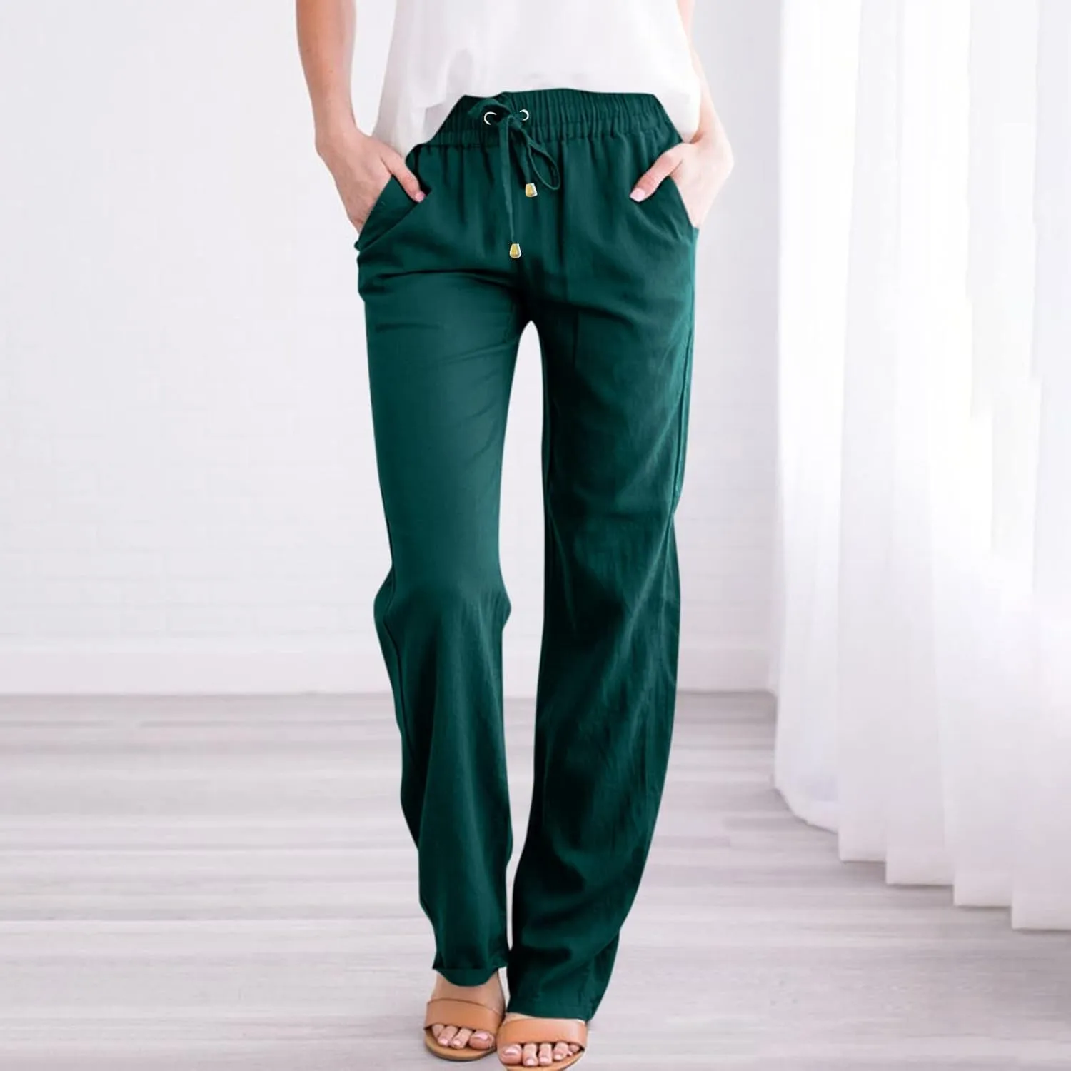 Straight Leg Pants Women Business Casual Linen Drawstring High Waisted Pull On Dress Pants with Pockets Dress Slacks