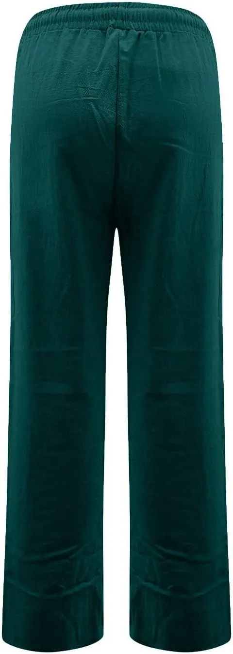 Straight Leg Pants Women Business Casual Linen Drawstring High Waisted Pull On Dress Pants with Pockets Dress Slacks