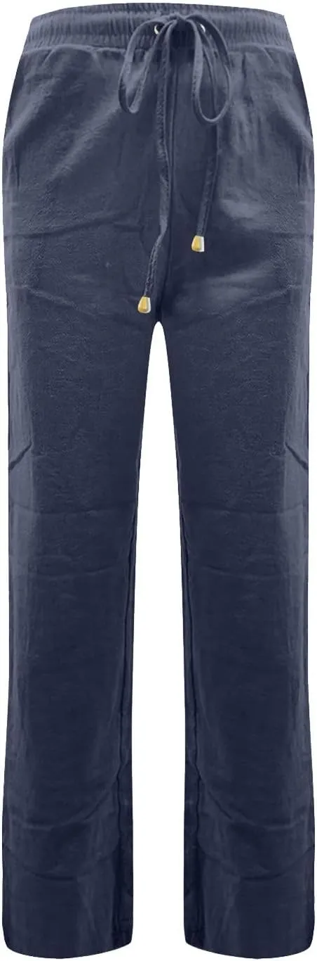 Straight Leg Pants Women Business Casual Linen Drawstring High Waisted Pull On Dress Pants with Pockets Dress Slacks