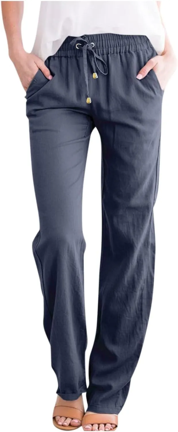 Straight Leg Pants Women Business Casual Linen Drawstring High Waisted Pull On Dress Pants with Pockets Dress Slacks