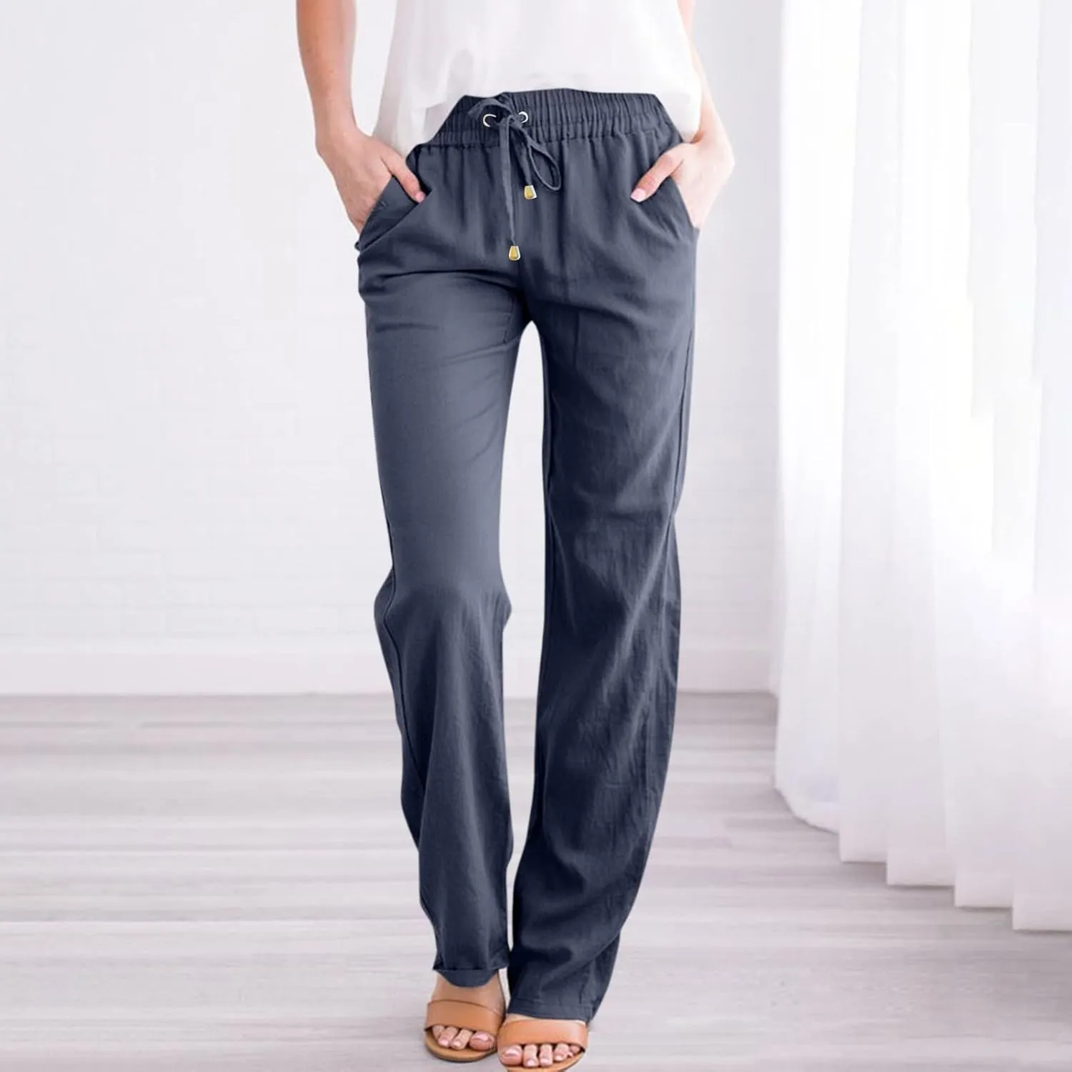 Straight Leg Pants Women Business Casual Linen Drawstring High Waisted Pull On Dress Pants with Pockets Dress Slacks