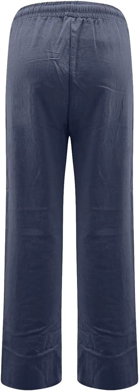 Straight Leg Pants Women Business Casual Linen Drawstring High Waisted Pull On Dress Pants with Pockets Dress Slacks