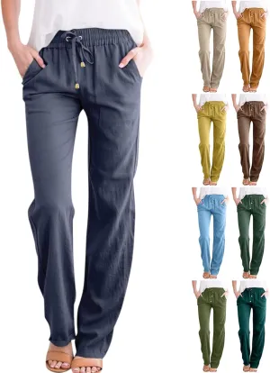 Straight Leg Pants Women Business Casual Linen Drawstring High Waisted Pull On Dress Pants with Pockets Dress Slacks
