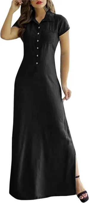 Summer Loose Hand Pocket Midi Long Tunic Denim Shirt Dress for Women Casual Button Front Maxi Shirt Dress