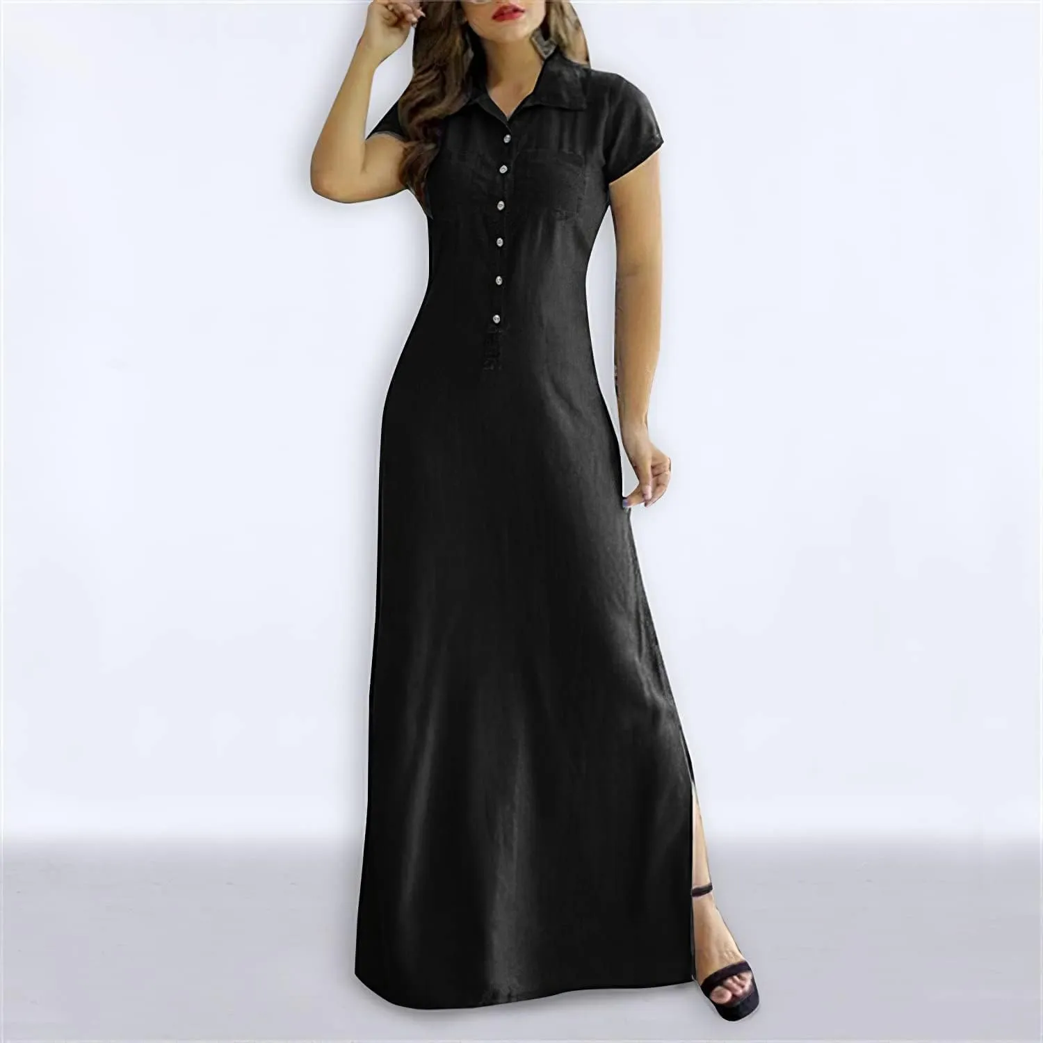 Summer Loose Hand Pocket Midi Long Tunic Denim Shirt Dress for Women Casual Button Front Maxi Shirt Dress