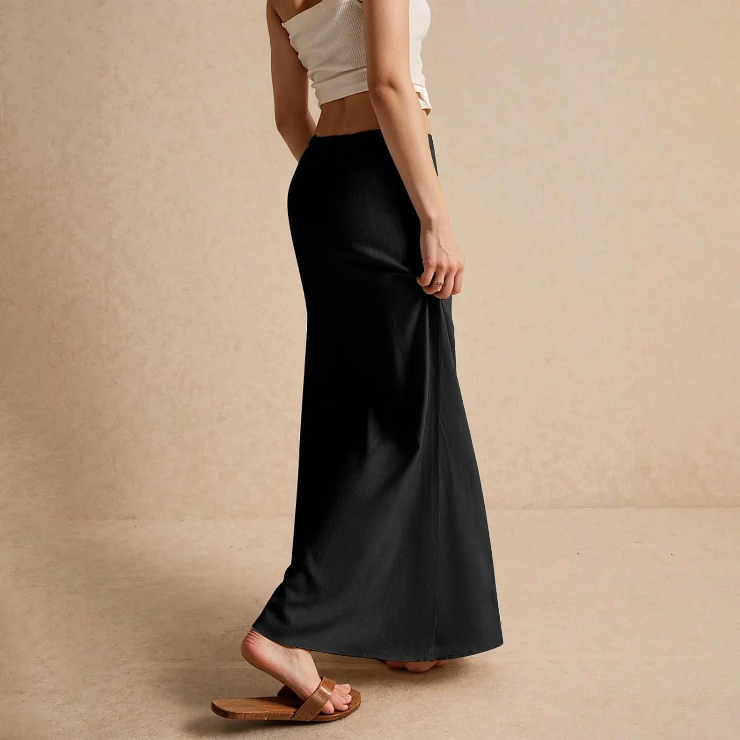 Summer Maxi Skirts for Women Trendy Low Waisted Drawstring Skorts Casual Lightweight Solid Color Simple Long Skirts