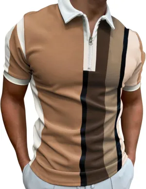 Summer Polo Shirt for Men Short Sleeve Zipper Collar Muscle Sport Golf Shirt Block Color Lapel Beach Holiday Casual Shirt