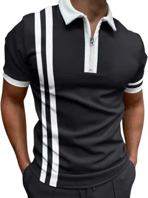 Summer Polo Shirt for Men Short Sleeve Zipper Collar Muscle Sport Golf Shirt Block Color Lapel Beach Holiday Casual Shirt