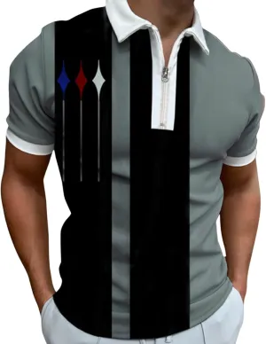 Summer Polo Shirt for Men Short Sleeve Zipper Collar Muscle Sport Golf Shirt Block Color Lapel Beach Holiday Casual Shirt