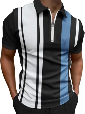 Summer Polo Shirt for Men Short Sleeve Zipper Collar Muscle Sport Golf Shirt Block Color Lapel Beach Holiday Casual Shirt