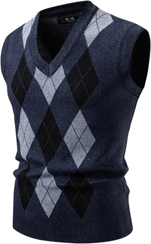 Sweater Vests for Men Argyle Knitted Warm Sleeveless Jumper Knitwear V Neck Slim Fit Casual Plus Size Waistcoat