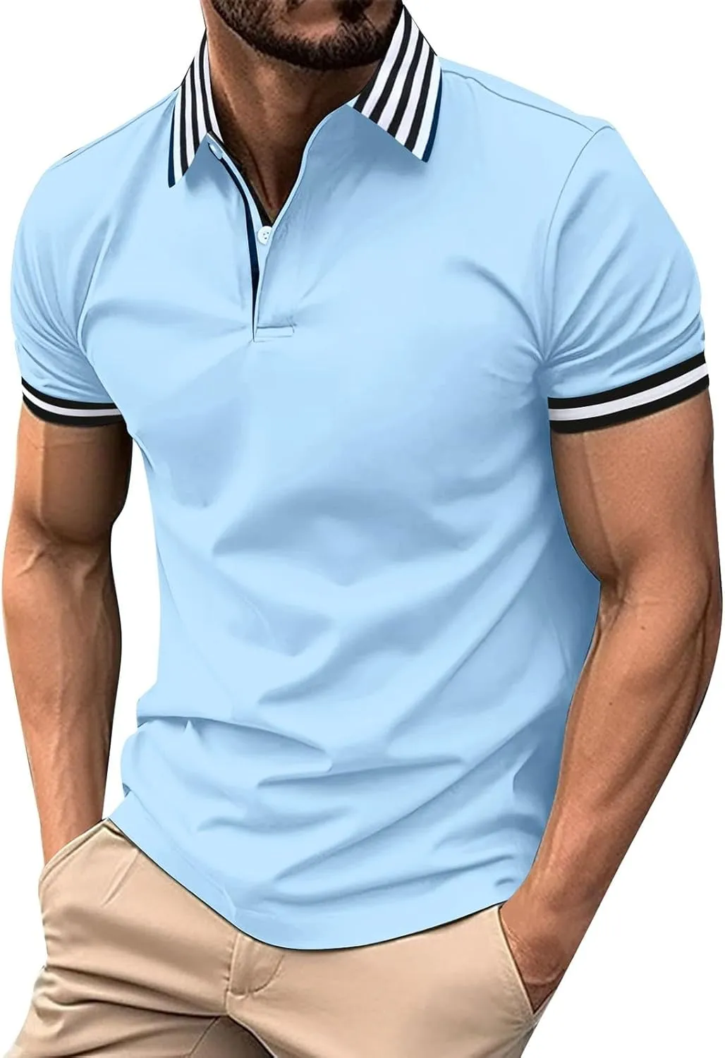 T Shirts Men and Fashionable Thousand Bird Grid Color Blocking Button Standing Collar Short Sleeved Golf Shirts for