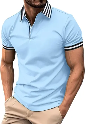 T Shirts Men and Fashionable Thousand Bird Grid Color Blocking Button Standing Collar Short Sleeved Golf Shirts for
