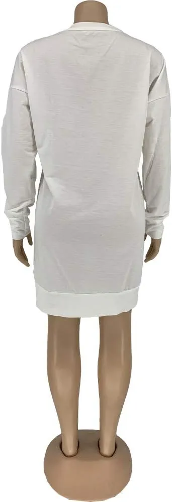 THLAI Women Casual T Shirt Dress Letter Print Solid Long Sleeve Midi Dress Loose Plus Size T-Shirt Dress
