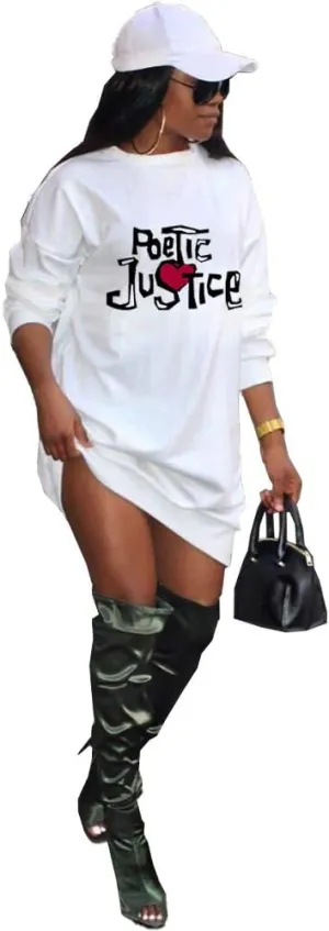 THLAI Women Casual T Shirt Dress Letter Print Solid Long Sleeve Midi Dress Loose Plus Size T-Shirt Dress