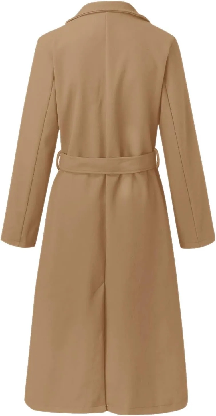 Trench Coat for Women 2024 Fall Winter Notch Lapel Slim Fit Long Jacket Fashion Soild Waistband Cardigan Outerwear