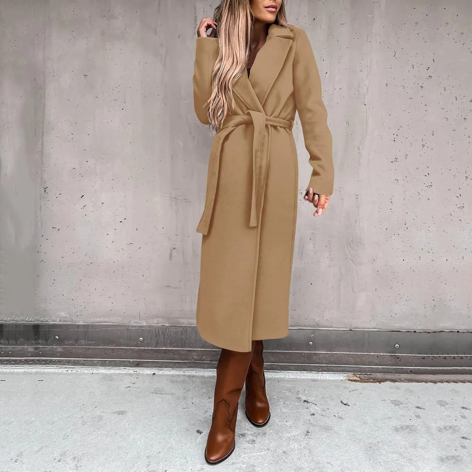 Trench Coat for Women 2024 Fall Winter Notch Lapel Slim Fit Long Jacket Fashion Soild Waistband Cardigan Outerwear