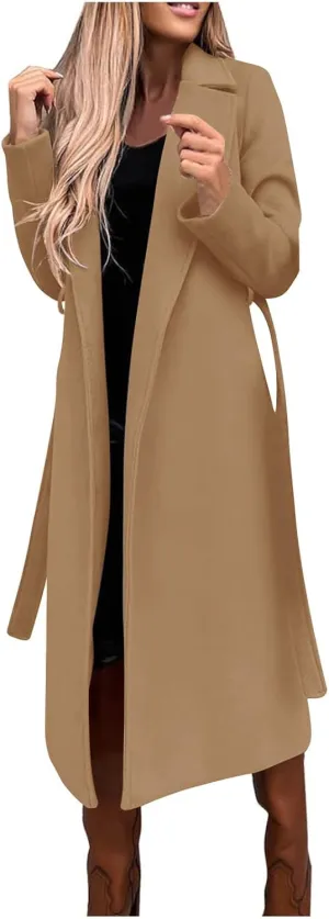 Trench Coat for Women 2024 Fall Winter Notch Lapel Slim Fit Long Jacket Fashion Soild Waistband Cardigan Outerwear
