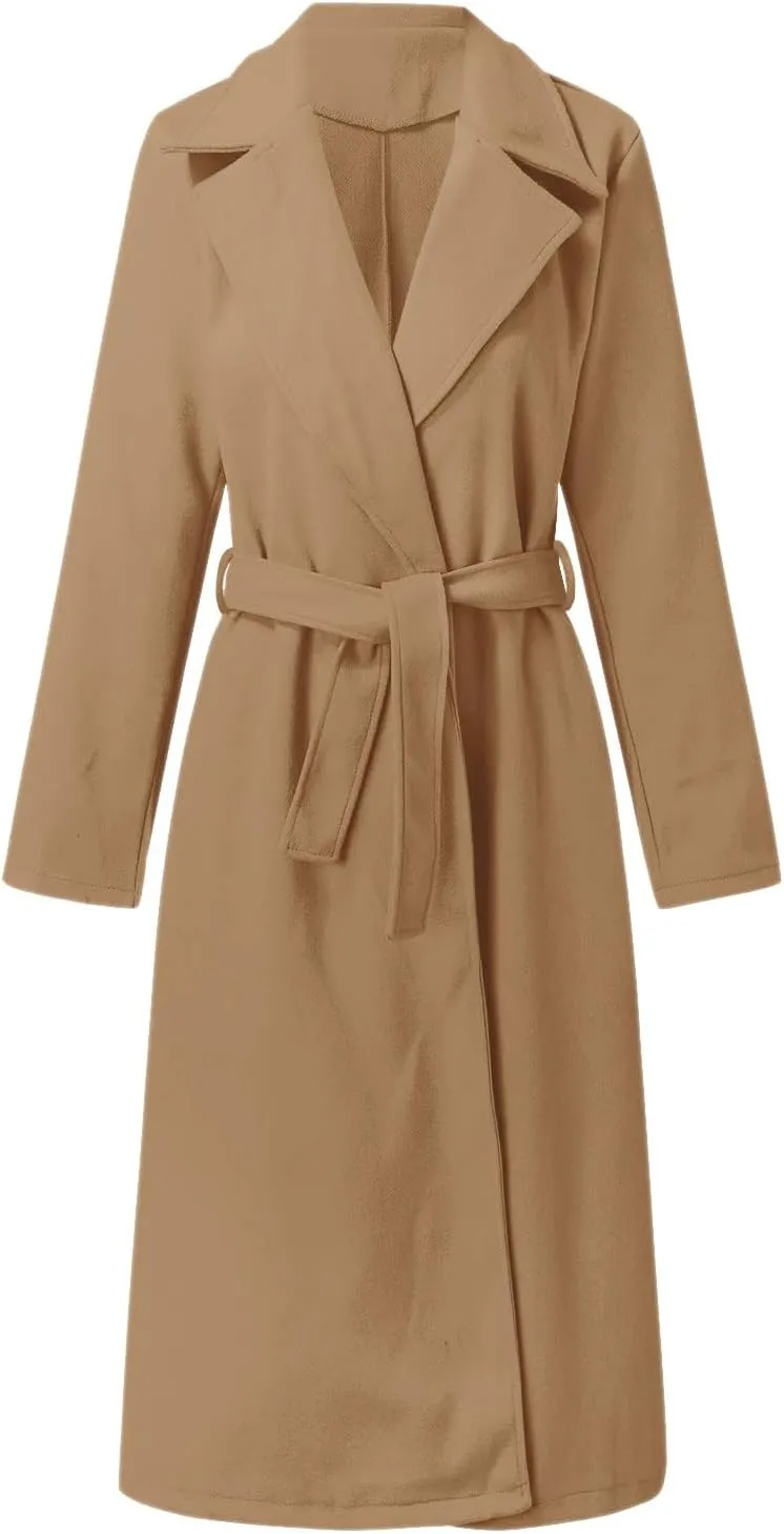 Trench Coat for Women 2024 Fall Winter Notch Lapel Slim Fit Long Jacket Fashion Soild Waistband Cardigan Outerwear
