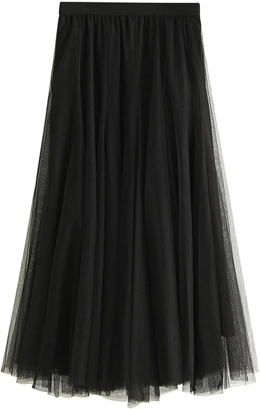 tuduoms Long Tulle Skirt Women's Solid Pleated a Line Layered Tutu Skirt High Waist Mesh Flowy Midi Skirt for Wedding Party