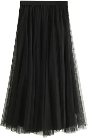 tuduoms Long Tulle Skirt Women's Solid Pleated a Line Layered Tutu Skirt High Waist Mesh Flowy Midi Skirt for Wedding Party