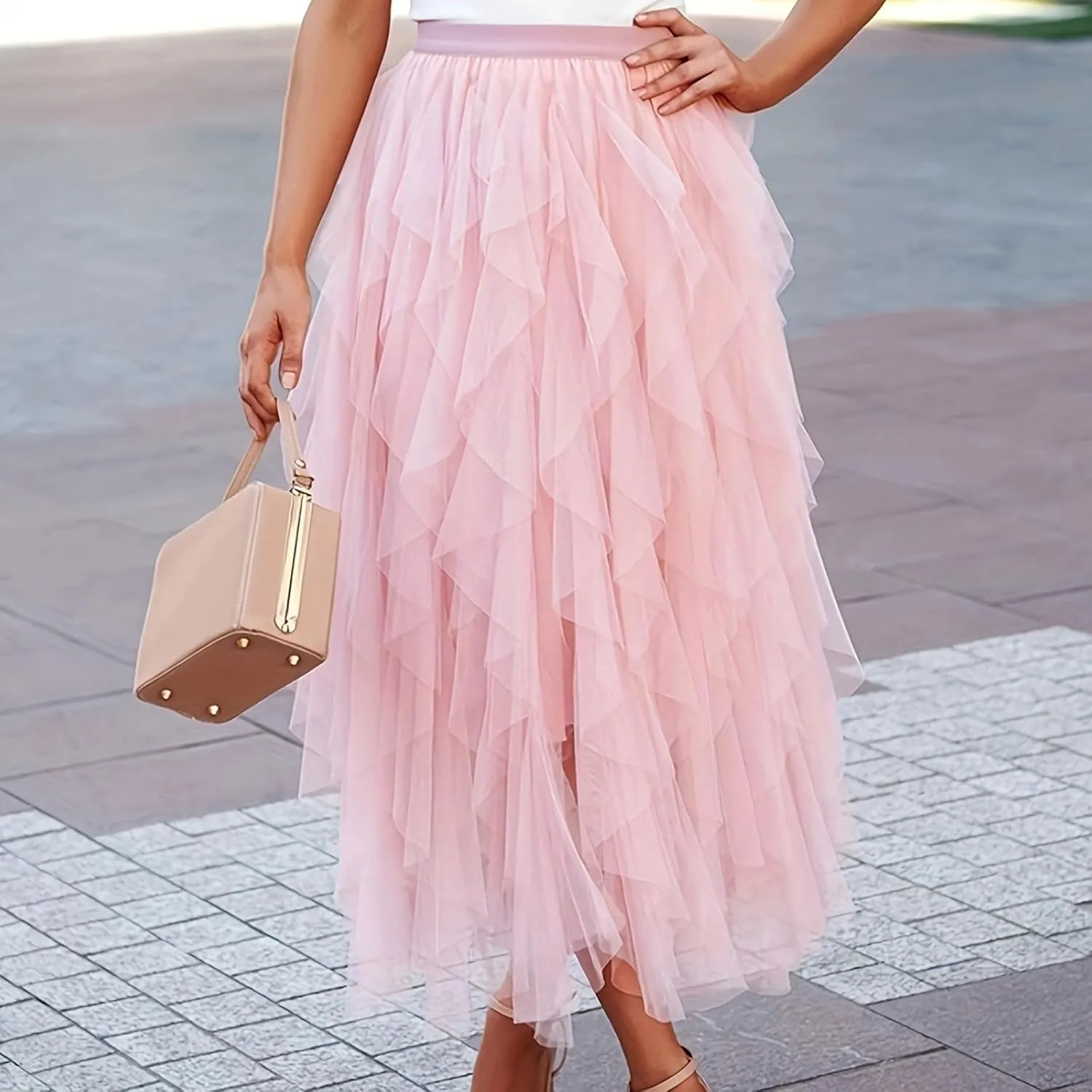 Tulle Skirts for Women Midi Long Fairy Tutu A-Line Mesh Layered High Elastic Waist Asymmetrical Pleated A Line Skirt