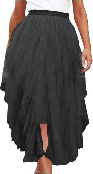 Tulle Skirts for Women Midi Long Fairy Tutu A-Line Mesh Layered High Elastic Waist Asymmetrical Pleated A Line Skirt