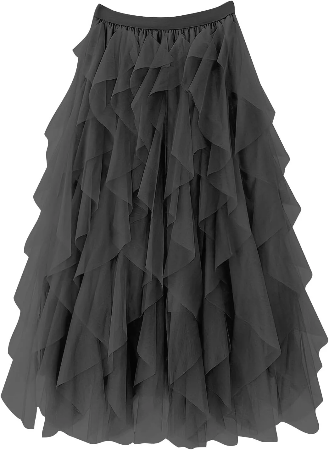 Tulle Skirts for Women Midi Long Fairy Tutu A-Line Mesh Layered High Elastic Waist Asymmetrical Pleated A Line Skirt