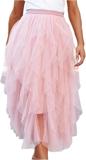Tulle Skirts for Women Midi Long Fairy Tutu A-Line Mesh Layered High Elastic Waist Asymmetrical Pleated A Line Skirt