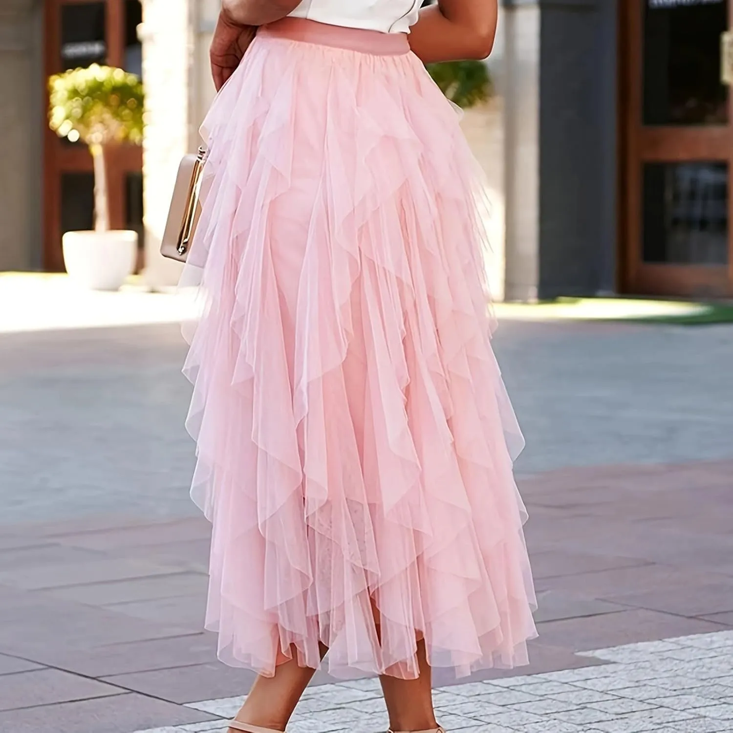 Tulle Skirts for Women Midi Long Fairy Tutu A-Line Mesh Layered High Elastic Waist Asymmetrical Pleated A Line Skirt