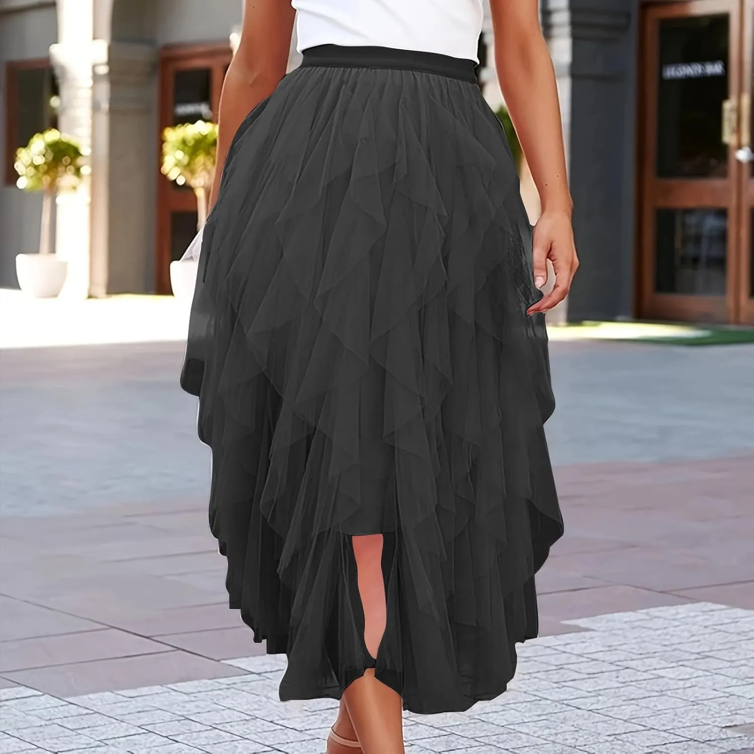Tulle Skirts for Women Midi Long Fairy Tutu A-Line Mesh Layered High Elastic Waist Asymmetrical Pleated A Line Skirt