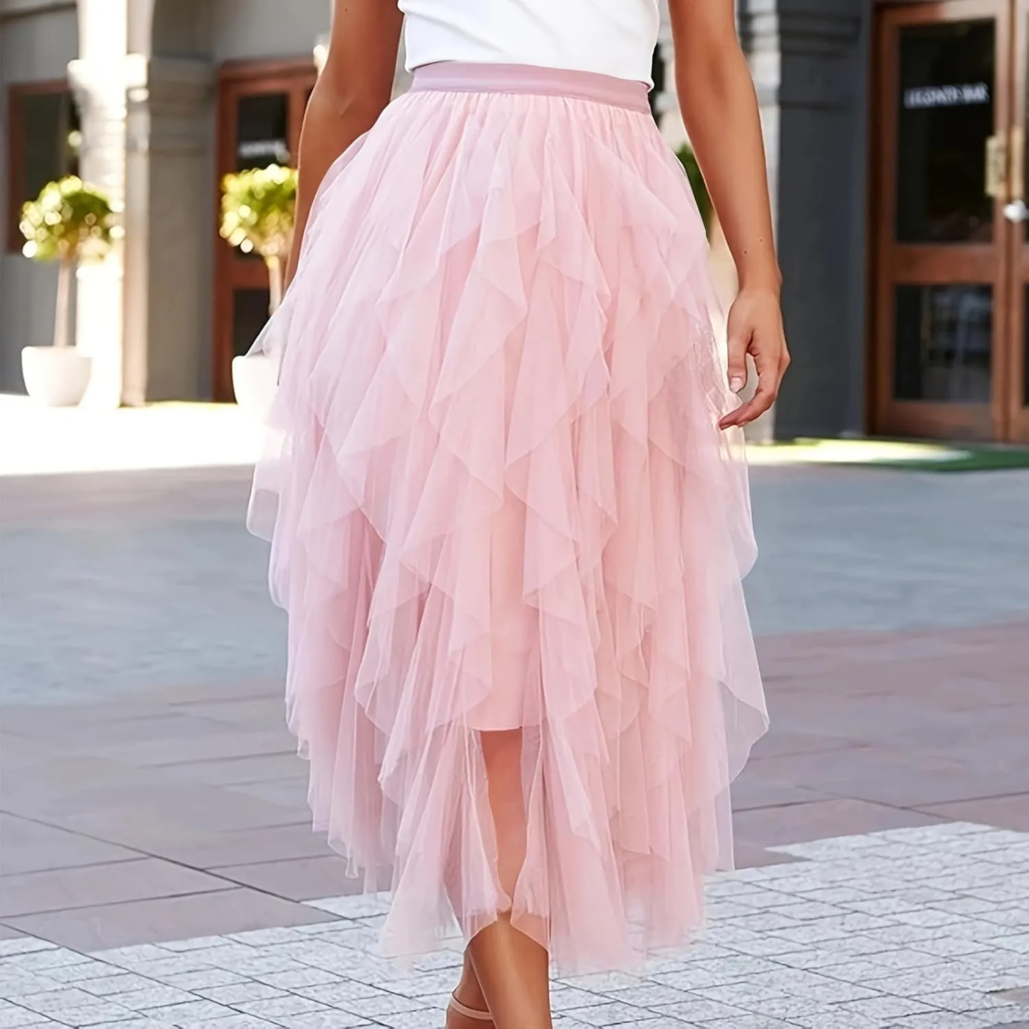 Tulle Skirts for Women Midi Long Fairy Tutu A-Line Mesh Layered High Elastic Waist Asymmetrical Pleated A Line Skirt