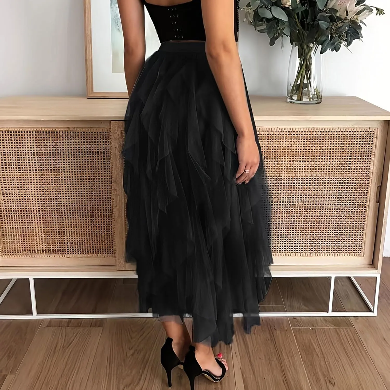 Tulle Skirts for Women Midi Long Fairy Tutu A-Line Mesh Layered High Elastic Waist Asymmetrical Pleated A Line Skirt