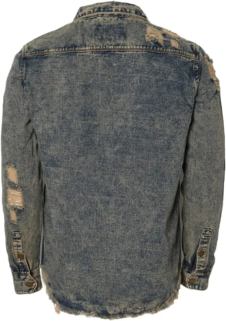 URBANJ Men's Distressed Denim Shirt Jacket