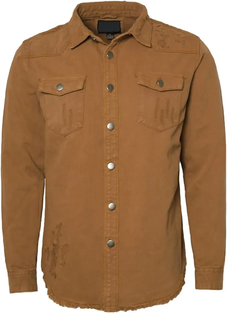 URBANJ Men's Distressed Denim Shirt Jacket