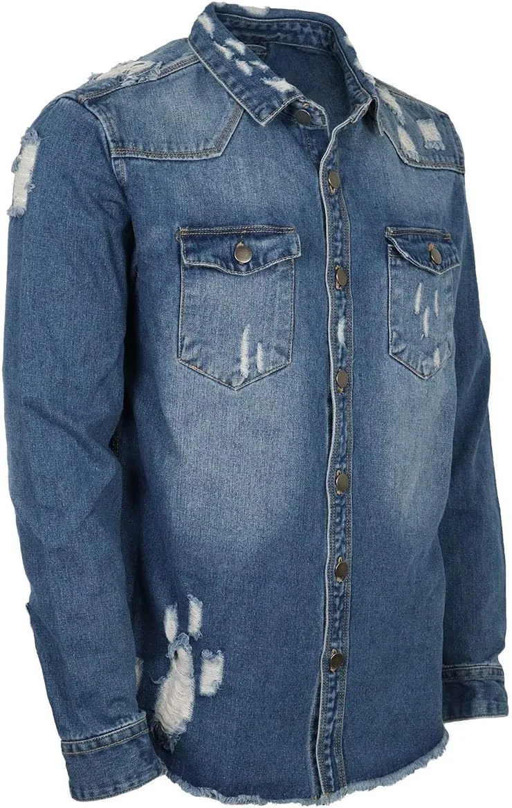 URBANJ Men's Distressed Denim Shirt Jacket