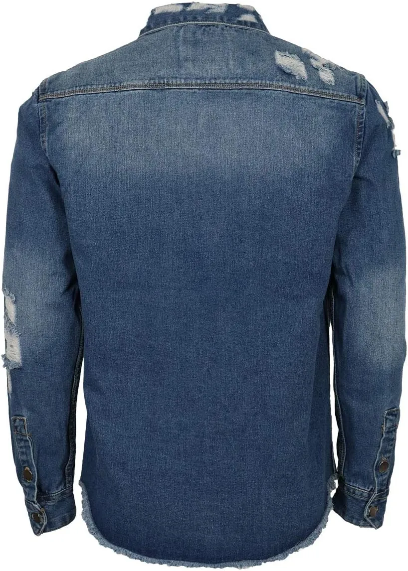URBANJ Men's Distressed Denim Shirt Jacket