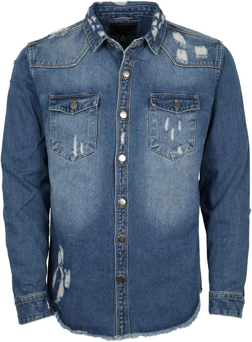 URBANJ Men's Distressed Denim Shirt Jacket