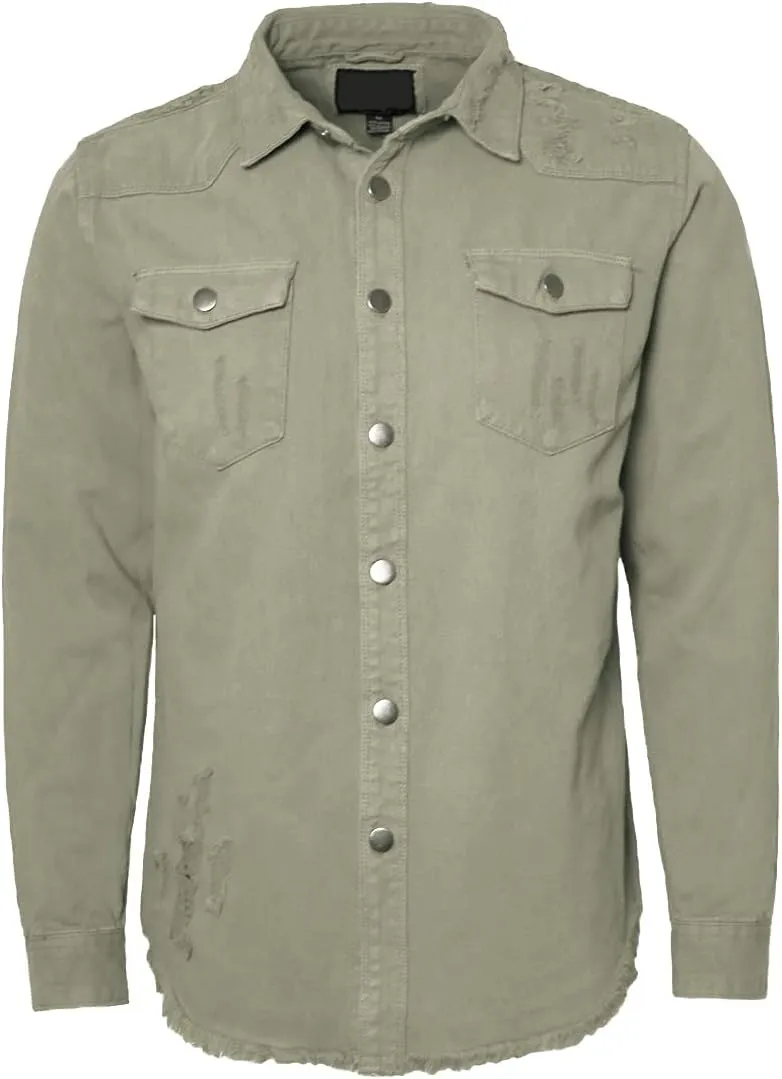 URBANJ Men's Distressed Denim Shirt Jacket