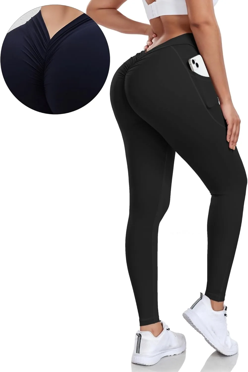 V Back Scrunch Butt Leggings for Women with Pocket Butt Lifting Leggings Tummy Control Booty Lifting Leggings