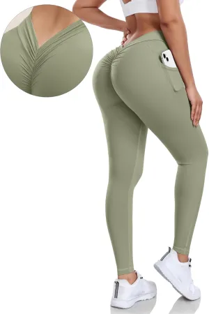 V Back Scrunch Butt Leggings for Women with Pocket Butt Lifting Leggings Tummy Control Booty Lifting Leggings