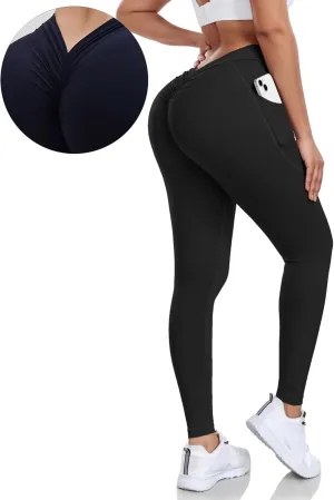V Back Scrunch Butt Leggings for Women with Pocket Butt Lifting Leggings Tummy Control Booty Lifting Leggings