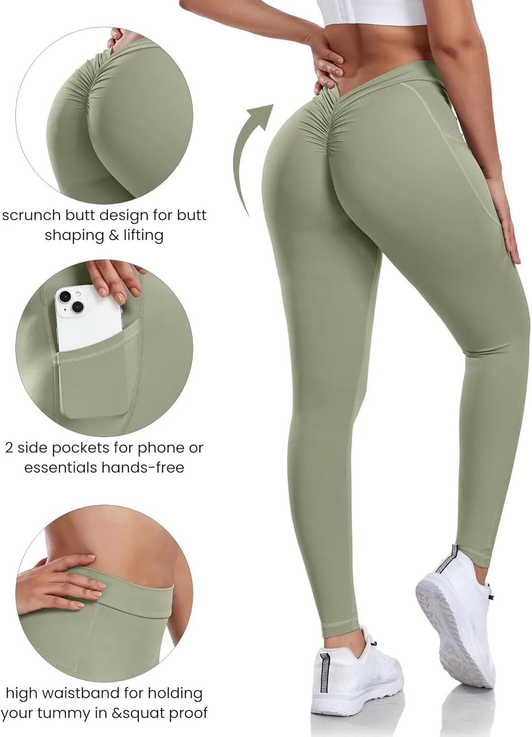 V Back Scrunch Butt Leggings for Women with Pocket Butt Lifting Leggings Tummy Control Booty Lifting Leggings